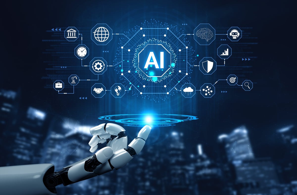 Futuristic robot hand holding light with AI symbols and technology icons