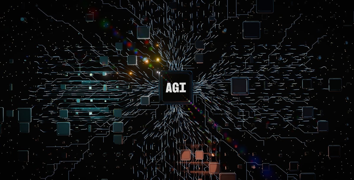 Futuristic 3D illustration of an AGI central CPU chip emitting glowing circuit lines