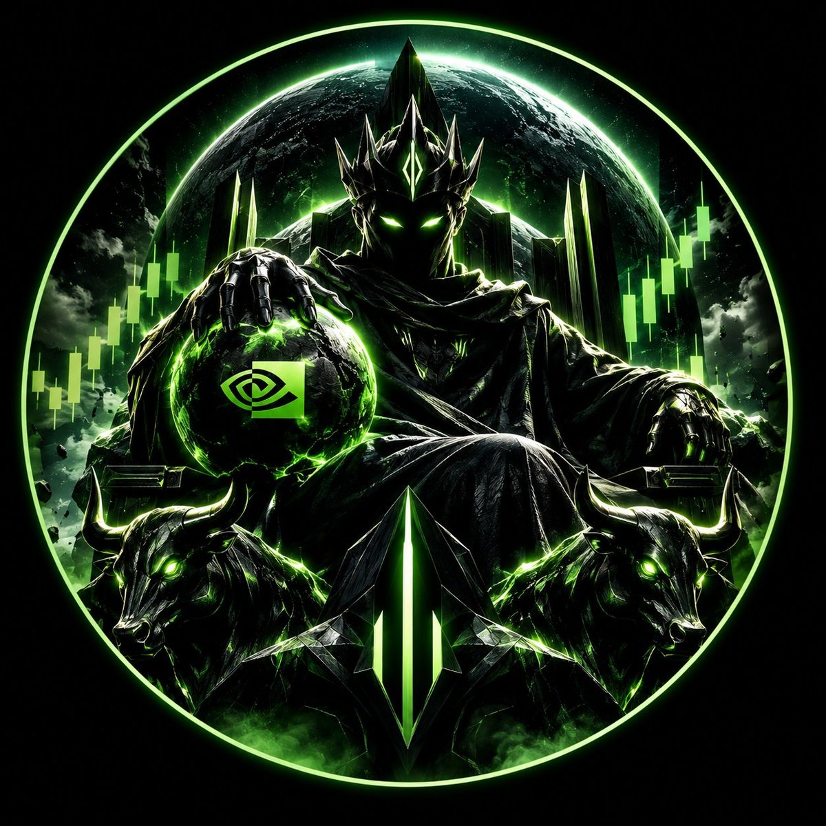 Dark armored figure with a glowing green orb, surrounded by digital effects and spikes in a circular design